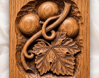 Plump Grapes Vine Leaf CNC Relief STL | Vineyard Wall Art Panel | Winery Decor Wood Carving Design