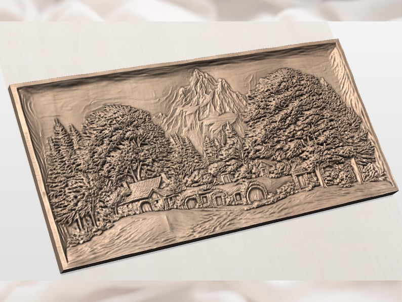May include: A detailed, brown wooden relief carving depicting a landscape with a mountain, trees, and hobbit-hole style houses. The carving is set within a rectangular frame, showcasing a detailed, textured design.