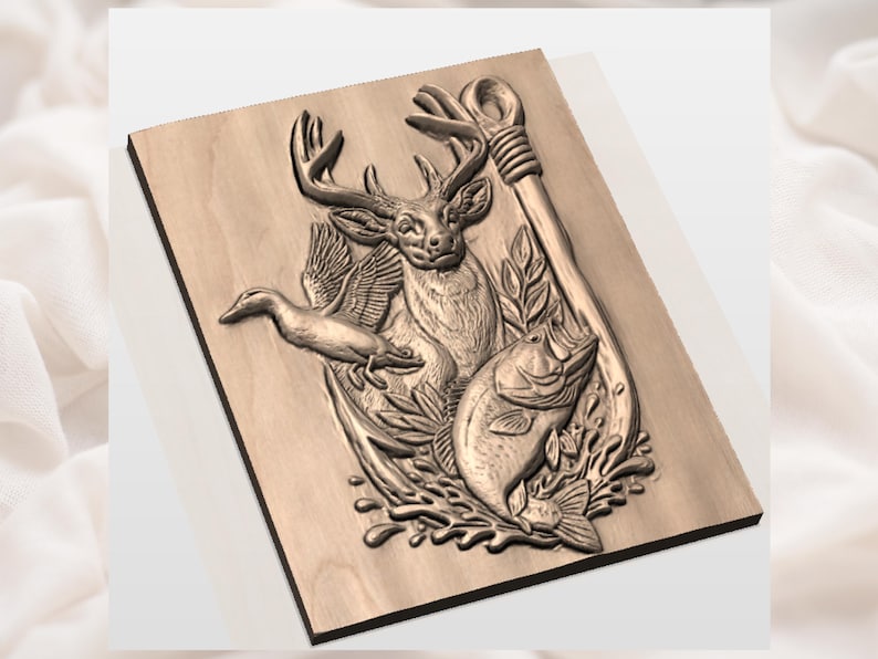 May include: A wooden relief carving featuring a deer, duck, and fish, along with a fishing hook. The artwork is in shades of brown and tan, with detailed textures and a nature theme.