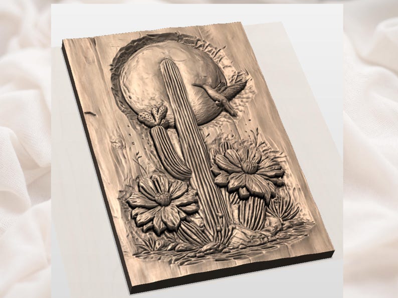 Hummingbird Cactus Moon 3D Relief STL File | Desert Floral Wood Grain CNC Carving | Western Wall Art | 3D Print & Laser Engraving image 3
