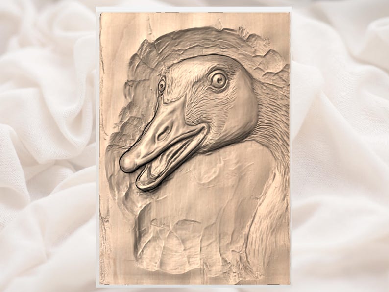 May include: A detailed, sepia-toned relief carving of a duck's head. The duck's open beak and expressive eye are prominent. The carving is set against a textured background, suggesting a rustic or natural theme.