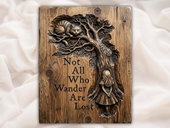 Not All Who Wander Are Lost 3D Relief STL | CNC Router Wood Carving Quote Sign | Alice Tree Cat Wall Art | Laser Engraving & 3D Print