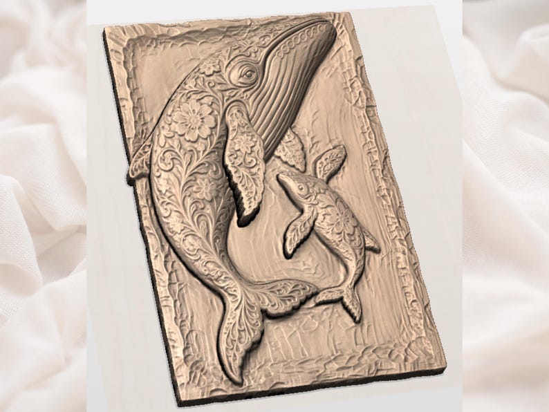 May include: A detailed relief carving of a whale and calf, set on a rectangular wooden plaque. The whales are adorned with floral patterns. The carving is in a warm, natural wood tone, showcasing the intricate details of the design.