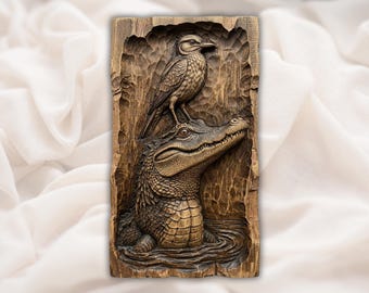 ワニと鳥のレリーフSTL | CNCルーター3D彫刻モデル | ワニの野生動物の木目模様の浅浮き彫りパネル | 沼地の小屋の壁アート