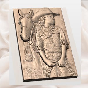 Young Cowboy & Horse 3D Relief STL view 3