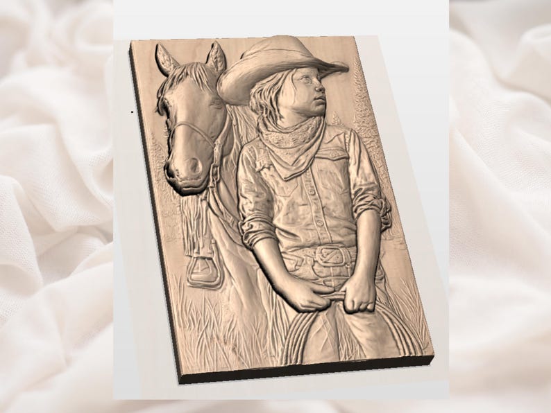 May include: A wooden relief carving of a young person in a cowboy hat and shirt, standing next to a horse. The carving is detailed, showing the textures of the clothing, the horse's mane, and the surrounding grass. The overall theme is Western.