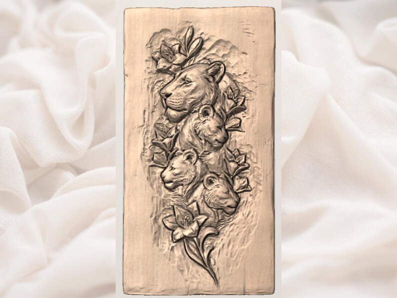 May include: A rectangular wooden carving featuring a lioness and her cubs surrounded by floral elements. The relief sculpture is in shades of brown and beige, with detailed textures and shadows.