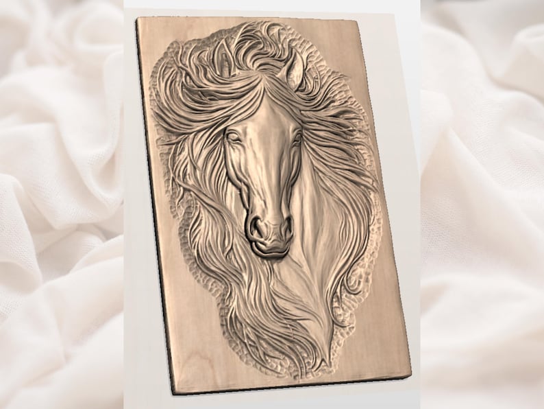 Horse Head STL | Flowing Mane Stallion Relief File | Equine Wood Carving Model | Western Ranch Wall Plaque | Farmhouse Horse Portrait Decor image 2