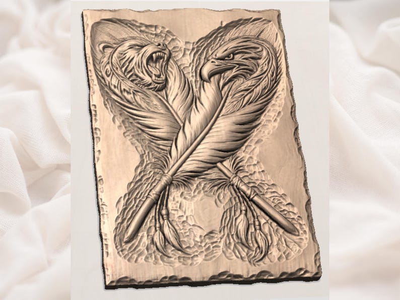 Bear Eagle STL | Feather Totem Relief | Rustic Lodge Wall Decor | Spirit Animal Artwork | Wood Carving Design | Tribal Plaque File image 2