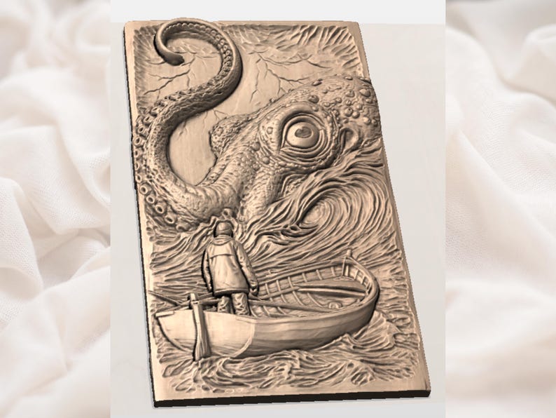 May include: A detailed relief carving depicts a man in a boat facing a giant octopus in a stormy sea. The artwork is in shades of brown and features intricate details of the waves, the creature's eye, and the boat.