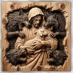 Puede incluir: Talla en relieve de madera que representa una figura con una túnica con capucha sosteniendo un cordero, rodeada de lobos gruñendo. La obra de arte está tallada en madera de color claro, con los lobos que parecen emerger de un marco de madera roto. La talla tiene un aspecto rústico y texturizado.