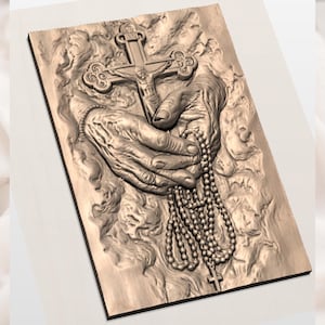 Hands Holding Cross & Rosary 3D Relief STL view 3