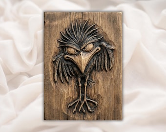 Angry Raven Crow 3D Relief STL | Funny Grumpy Bird Wood Grain Carving Panel | CNC Router File, 3D Print, Laser Engrave | Home Decor