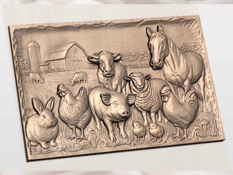 May include: A wooden relief carving depicting a farm scene. The carving features a barn, silo, and various farm animals, including a horse, cow, sheep, pig, chicken, chicks, and a rabbit. The animals are arranged in a grassy field.