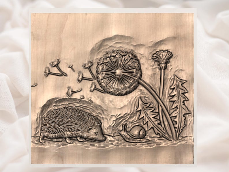 May include: A wooden relief carving depicts a hedgehog, a snail, and a dandelion with seeds blowing in the wind. The artwork is in a natural wood tone, with detailed textures and shadows, creating a three-dimensional effect.