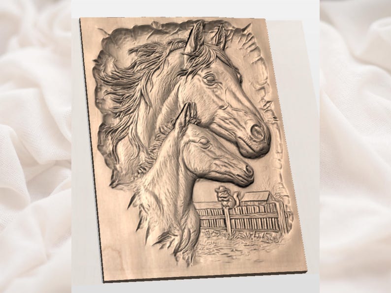 May include: A wooden relief carving depicting two horse heads, one larger and one smaller, with detailed manes and facial features. The carving also includes a scene of a fence and a person.