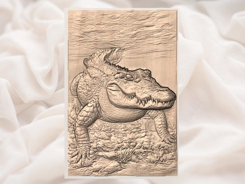 May include: A detailed wood carving of an alligator. The alligator is depicted with textured scales and a smiling expression. The carving is set against a textured background, creating a three-dimensional effect. The artwork is displayed on a rectangular wooden panel.