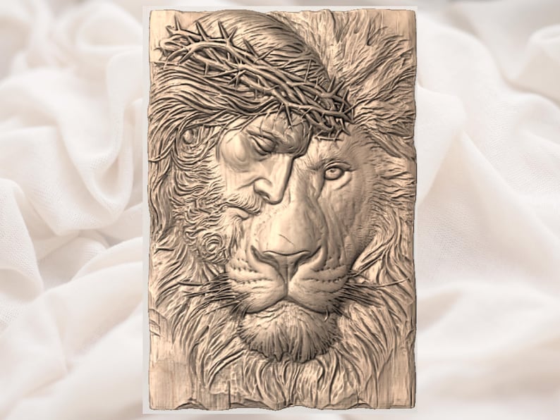 May include: A detailed relief carving depicting a fusion of human and lion features. The human side, with closed eyes, wears a crown of thorns. The lion's face is rendered with intricate detail, showcasing fur and a regal expression. The artwork is in shades of brown.