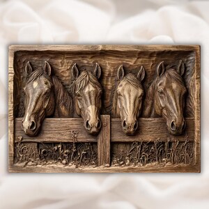 May include: A rectangular, wooden relief carving featuring four horse heads peering over a rustic wooden fence. The horses are a warm brown color, with detailed manes and facial features. The carving includes detailed grass and foliage.