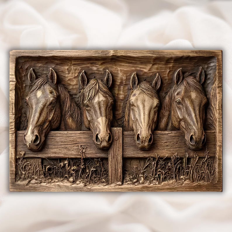 May include: A rectangular, wooden relief carving featuring four horse heads peering over a rustic wooden fence. The horses are a warm brown color, with detailed manes and facial features. The carving includes detailed grass and foliage.
