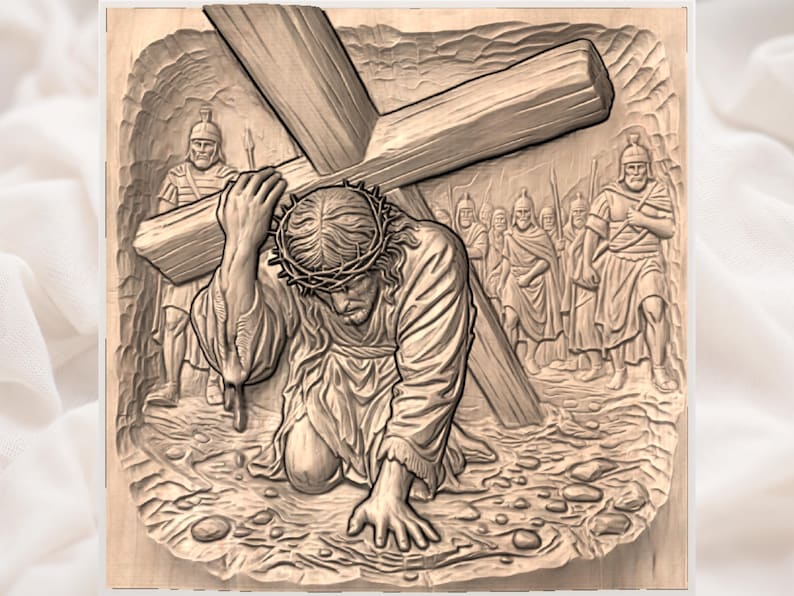 Jesus Carrying Cross Relief STL | CNC Router 3D Carving Model | Christ Crown of Thorns Passion Scene Wood Relief Panel | Christian Wall Art image 3