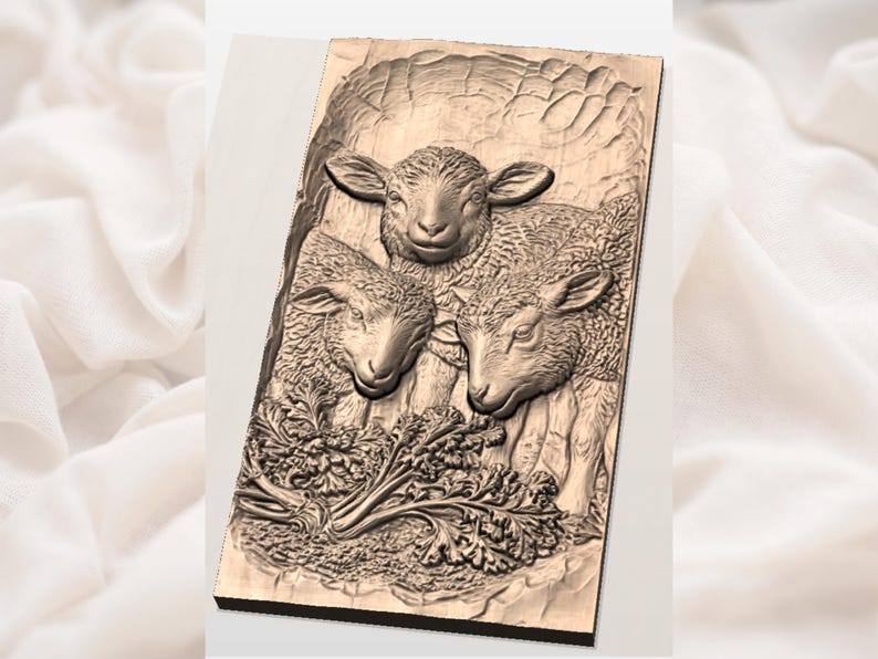 May include: A rectangular wooden carving depicts three lambs in a relief style. The lambs are positioned in front of a detailed leafy plant. The carving is in shades of brown and tan, with visible wood grain.