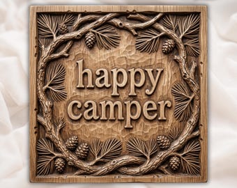 Happy Camper Forest Pinecone CNC Relief STL | Rustic Cabin Wall Art | Nature Wood Carving Panel