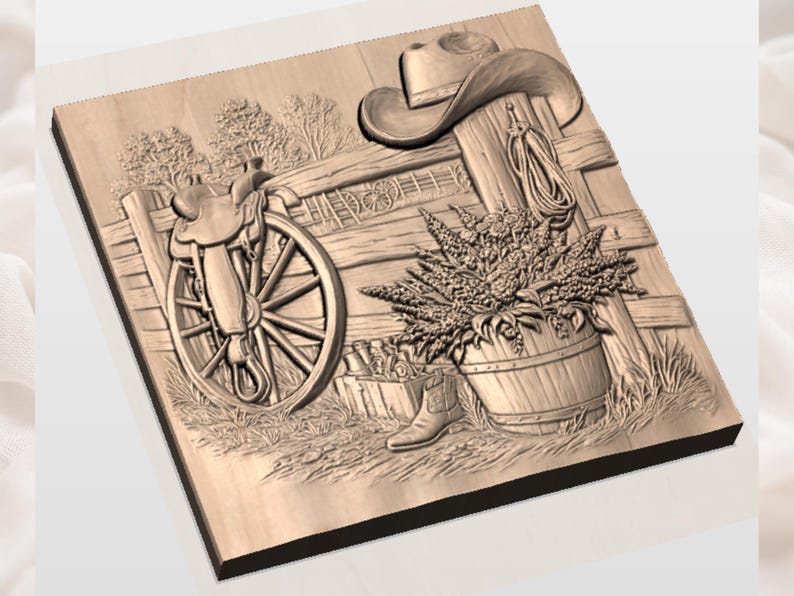 May include: A wooden relief carving depicting a rustic Western scene. The artwork features a cowboy hat, a wooden fence, a saddle, a wagon wheel, a barrel of flowers, and a cowboy boot. The relief is carved from light-colored wood.