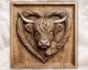 Highland Cow and Calf Heart 3D Relief STL | Rustic Farmhouse Wall Art | CNC Router And Laser