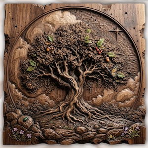 Tree Of Life STL | Round Nature Relief | Celtic Wall Decor | Wood Carving Design | Rustic Root Artwork | Sacred Tree Plaque