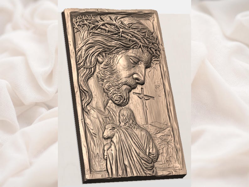 May include: A rectangular relief sculpture depicting Jesus wearing a crown of thorns, with a cross in the background. Below, a figure holds a lamb. The artwork is in shades of brown.