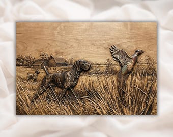 Hunting Dog & Pheasant 3D Relief STL | Upland Field Barn Scene Panel | CNC Router Carving File, 3D Print, Laser Engrave | Home Decor