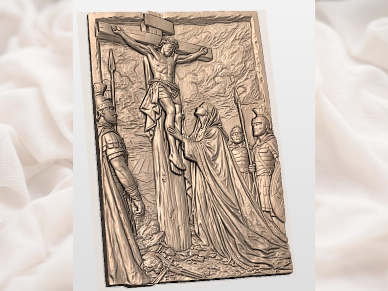 Jesus on the Cross STL | Christian Calvary Relief | Biblical Carving CNC | Mary Crucifixion Religious Plaque| Mary and Roman Soldiers Plaque image 2