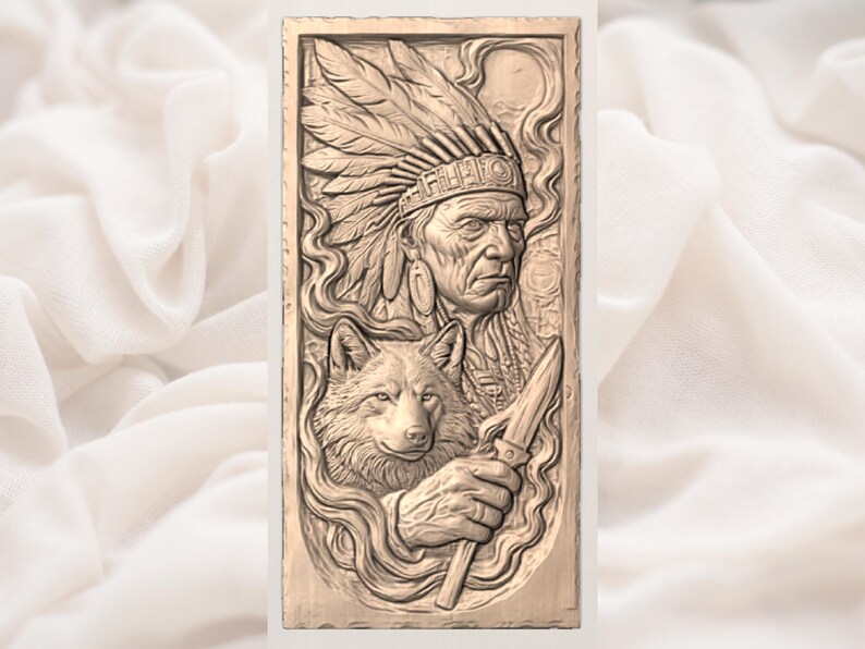 May include: A rectangular relief carving in shades of brown depicts a Native American chief with a feathered headdress, a wolf, and a knife. The detailed artwork showcases the chief's face, the wolf's head, and the knife held in a hand.