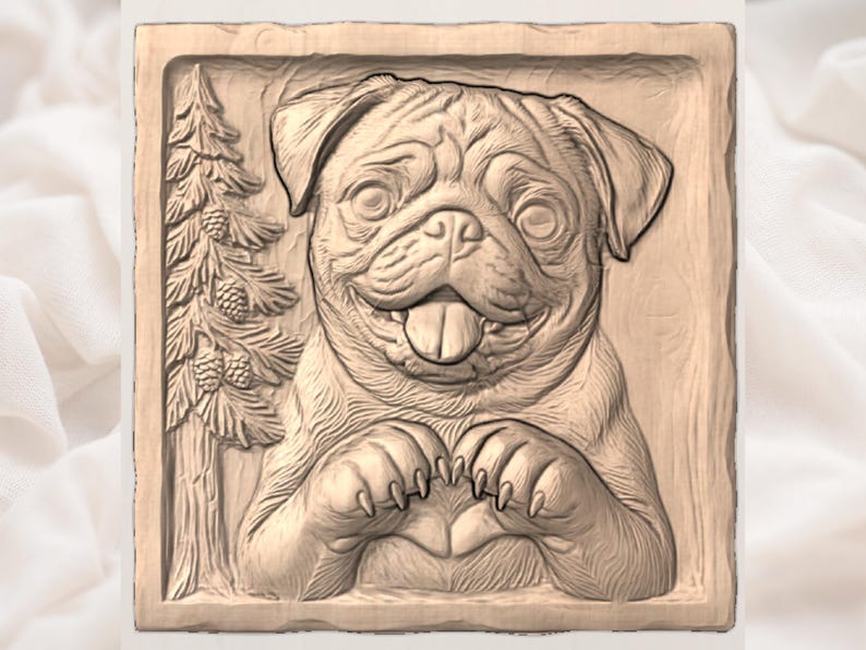 May include: A carved wooden relief featuring a smiling pug dog with its tongue out, paws forming a heart shape. A detailed pine tree is carved on the left side. The relief is in a natural wood tone.