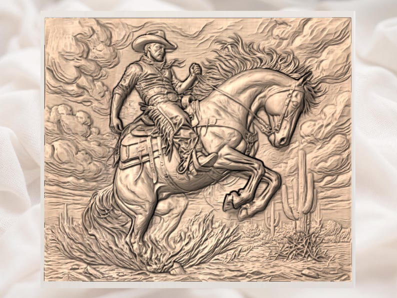 May include: A detailed relief carving shows a cowboy on a rearing horse. The cowboy is wearing a hat, shirt, and chaps, holding the reins. The background includes clouds, cacti, and desert vegetation, all in a sepia-toned, monochromatic style.