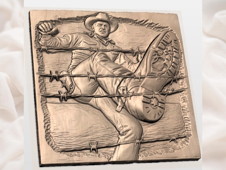 Relevo de Arame Farpado de Cowboy | Arquivo CNC Western | Arte de Parede Rústica para Rancho | Modelo de Escultura em Madeira 3D | Arquivo STL para Rancho Western | Design de Placa Rústica imagem 2
