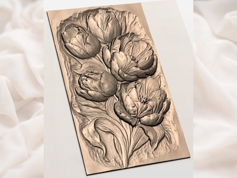 May include: A rectangular wooden panel with a carved relief of tulips. The design shows several tulips in different stages of bloom, with detailed petals and leaves. The wood has a warm, natural tone, creating a three-dimensional effect.
