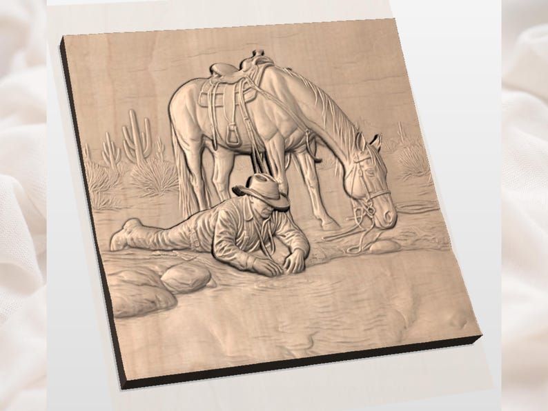 Cowboy & Häst 3D-relief STL | Väggpanel med vattenscen från västra öknen | CNC-rutterfil, 3D-utskrift, lasergravyr bild 2