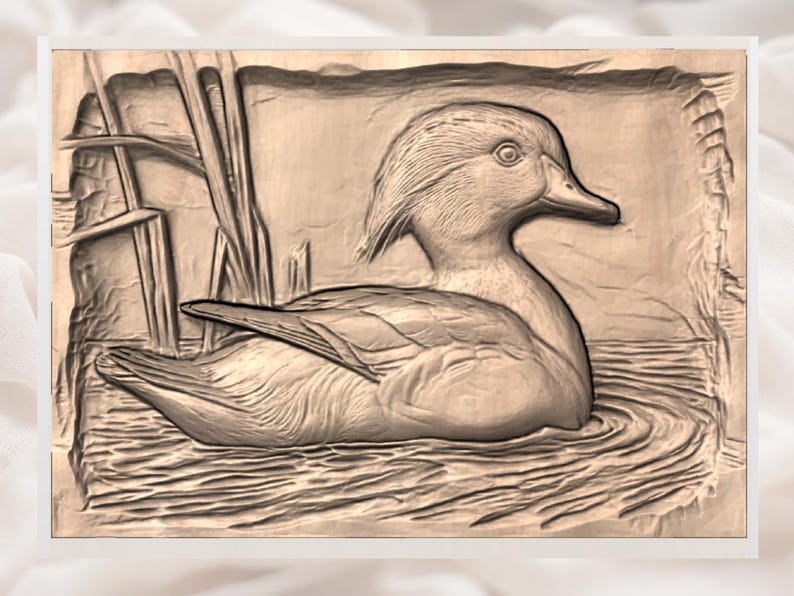 May include: A detailed relief carving of a duck swimming in water, surrounded by reeds. The artwork is rendered in shades of brown, creating a textured, three-dimensional effect. The duck's feathers and the water's surface are intricately detailed.