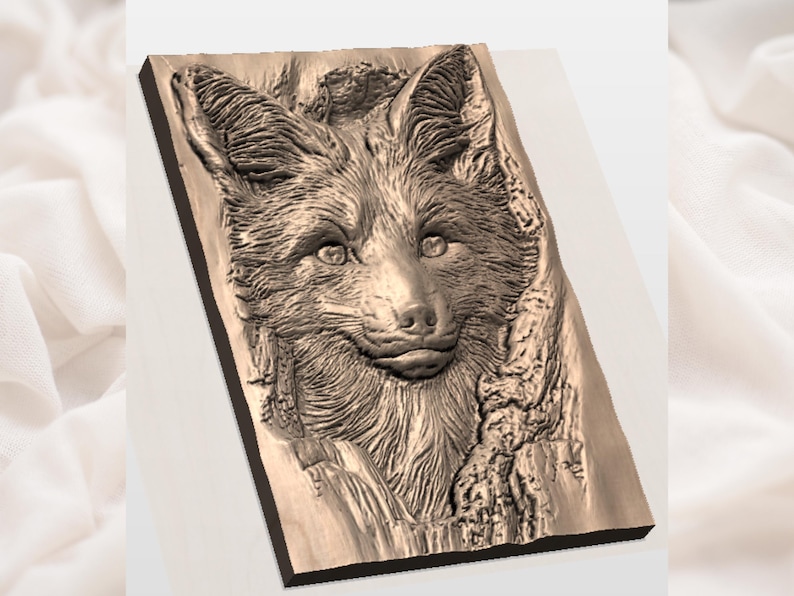 May include: A detailed relief carving of a fox's face, showcasing intricate fur textures and expressive eyes. The artwork is presented on a rectangular wooden plaque, with a warm, natural color palette. The fox's features are meticulously carved.