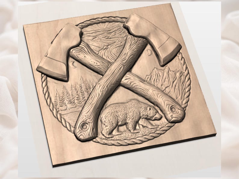 3D bas-relief CNC wood carving design featuring crossed axes over a rustic wilderness scene. Detailed elements include a grizzly bear, pine forest, and jagged mountains under a rising sun and crescent moons. Encased in a circular rope border with rich wood grain texture and deep carving depth. Ideal STL file for CNC router woodworking, 3D printing, or laser engraving to create outdoor-themed wall decor, lumberjack gifts, and high-detail artisan carvings.