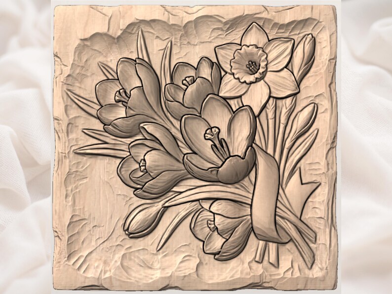 May include: A carved wooden plaque featuring a bouquet of spring flowers. The design includes daffodils and crocuses, with detailed petals and leaves. The flowers are arranged with a ribbon, creating a three-dimensional effect. The plaque has a textured background.