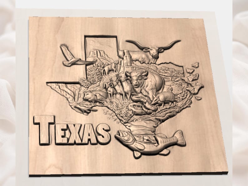 May include: A wooden relief carving of the state of Texas, featuring iconic symbols such as a longhorn, an eagle, and a fish. The word "TEXAS" is carved in bold letters at the bottom. The carving is in shades of brown.
