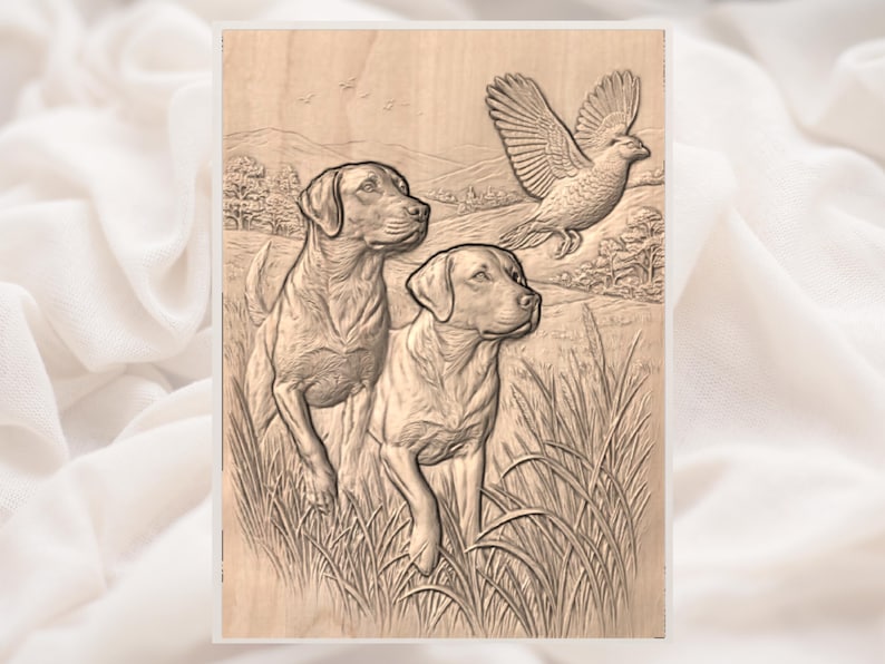 May include: A wooden relief carving depicting two Labrador Retrievers in a field, gazing upwards at a bird in flight. The artwork is detailed, with visible grass and a landscape background. The piece is likely a decorative item.