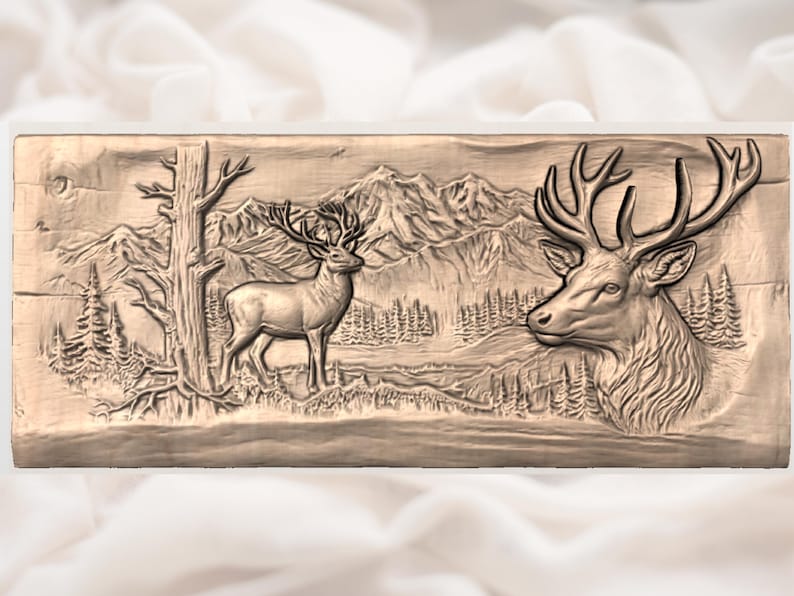 Hjort Basrelief STL | Väggkonst i fjällstuga CNC | Panel med jaktstugadjur | Rustik skogsscen | Handsnidad trätexturdekor bild 3