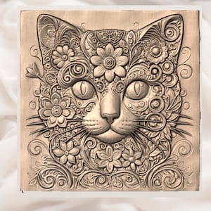 Ornate Floral Cat 3D Relief STL view 3