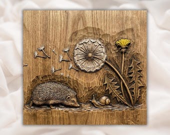 Hedgehog Nature 3D Relief STL | CNC Router Wood Carving File | Dandelion Flower Wildlife Panel | Laser Engraving & 3D Print Digital Download