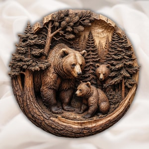 May include: A round, wooden relief carving depicting a bear family in a forest setting. The carving features a large bear with two cubs, surrounded by detailed trees and foliage. The artwork is in shades of brown and tan.