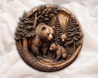 Bear Family 3D Relief STL | CNC Router Wood Carving File | Mother Bear Cubs Forest Round Wall Art | Rustic Cabin Decor | Laser Engraving